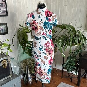 SHEIN White Midi Dress with Pink & Teal Floral Print